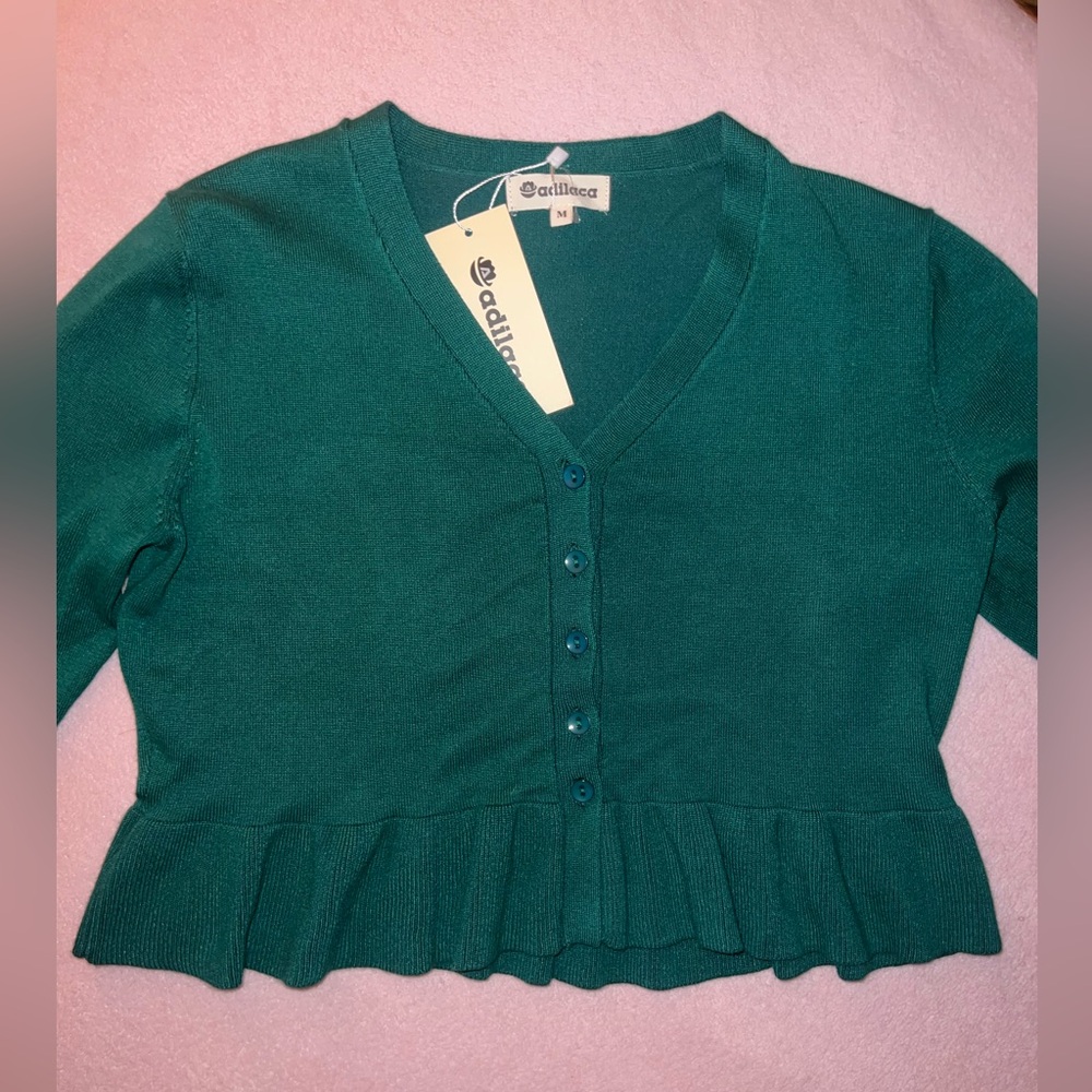Green Ruffle Hem Cropped Cardigan